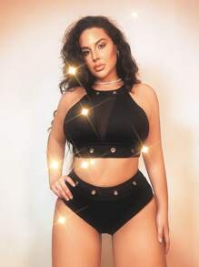 SHEIN Swim Curve Plus Size Women's Halterneck Bikini Set With Rhinestone Decoration Summer Beach - Black - View 1