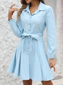 Breezaya Vestido casual de vacaciones para mujer de unicolor con botones frontales - Azul - Ver 3