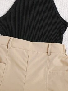 SHEIN 少女针织背心，纹理饰面和实用短裤两件套