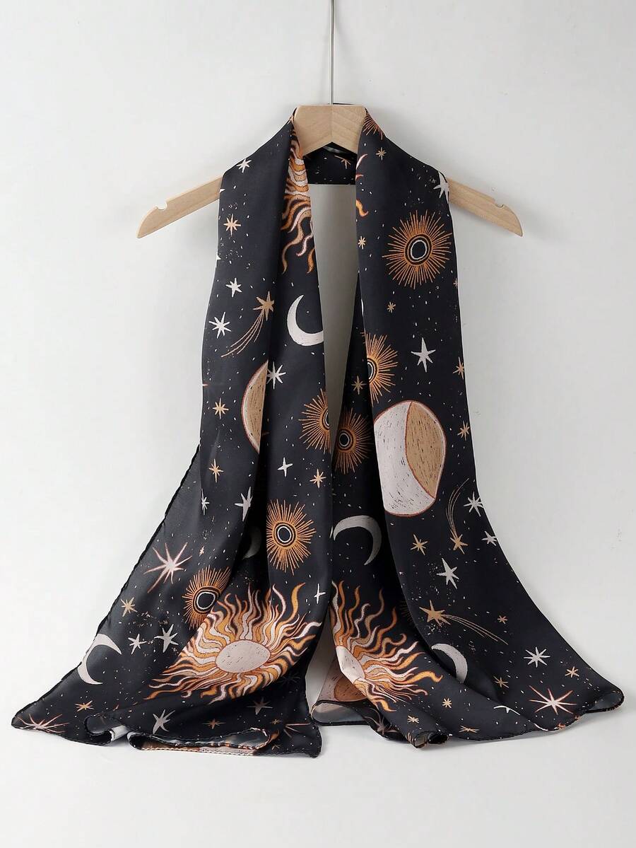 Inked in Red Women's Sun And Moon Print Silk Scarf - Multicolor - View 1