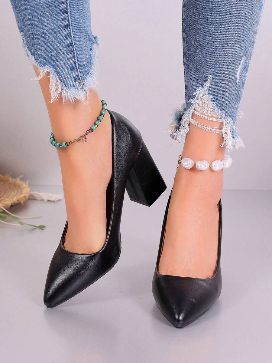 Women's Fashionable Pointed- Toe Chunky Heel Black High Heel Shoes For Work - Black - View 1