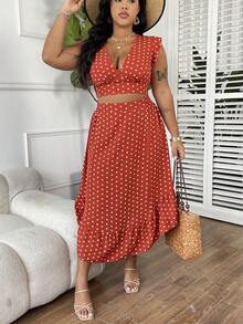 SHEIN Holidaya Conjunto de 2 piezas para mujer de talla grande, top corto de lunares con cuello en V e falda corta con dobladillo de volantes - Multicolor - Ver 3