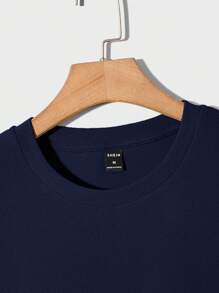 Manfinity RebelGame Camiseta De Manga Corta De Cuello Redondo Para Hombre, Tejido De Punto En Color Sólido - Azul Marino - Ver 4