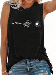 SHEIN LUNE Lỏng lẻo phù hợp Giải trí Áo ba lỗ Với Rùa In - màu đen - Xem 1