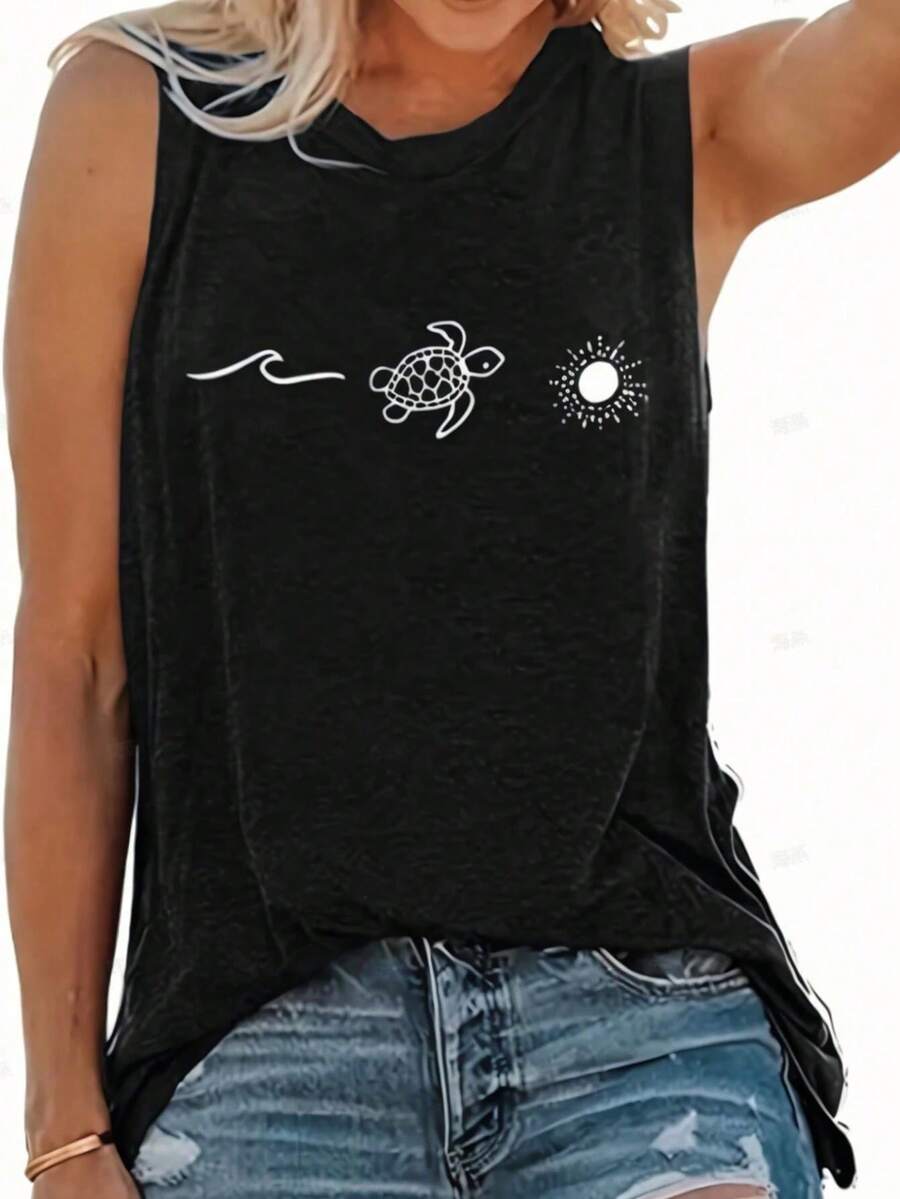 SHEIN LUNE Lỏng lẻo phù hợp Giải trí Áo ba lỗ Với Rùa In - màu đen - Xem 1