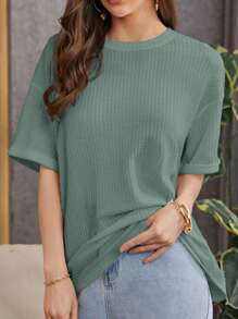 SHEIN Essnce Women's Solid Color Round Neck Drop Shoulder Short Sleeve T-Shirt - Green - View 3