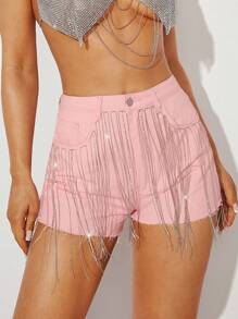 Denimoi Chain Fringe Raw Hem Denim Shorts - Pink - View 2