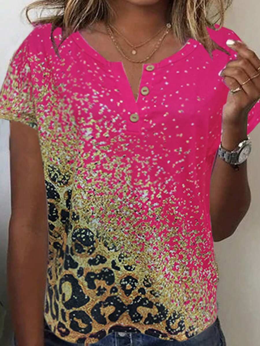 SHEIN LUNE Women's Leopard Print Short Sleeve T-Shirt - Multicolor - View 1