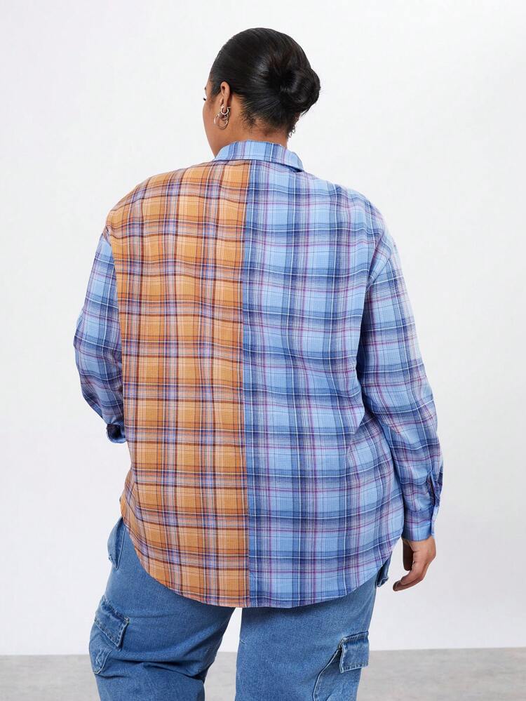 Plus Size Women' Plaid Drop Shoulder Long Sleeve Shirt