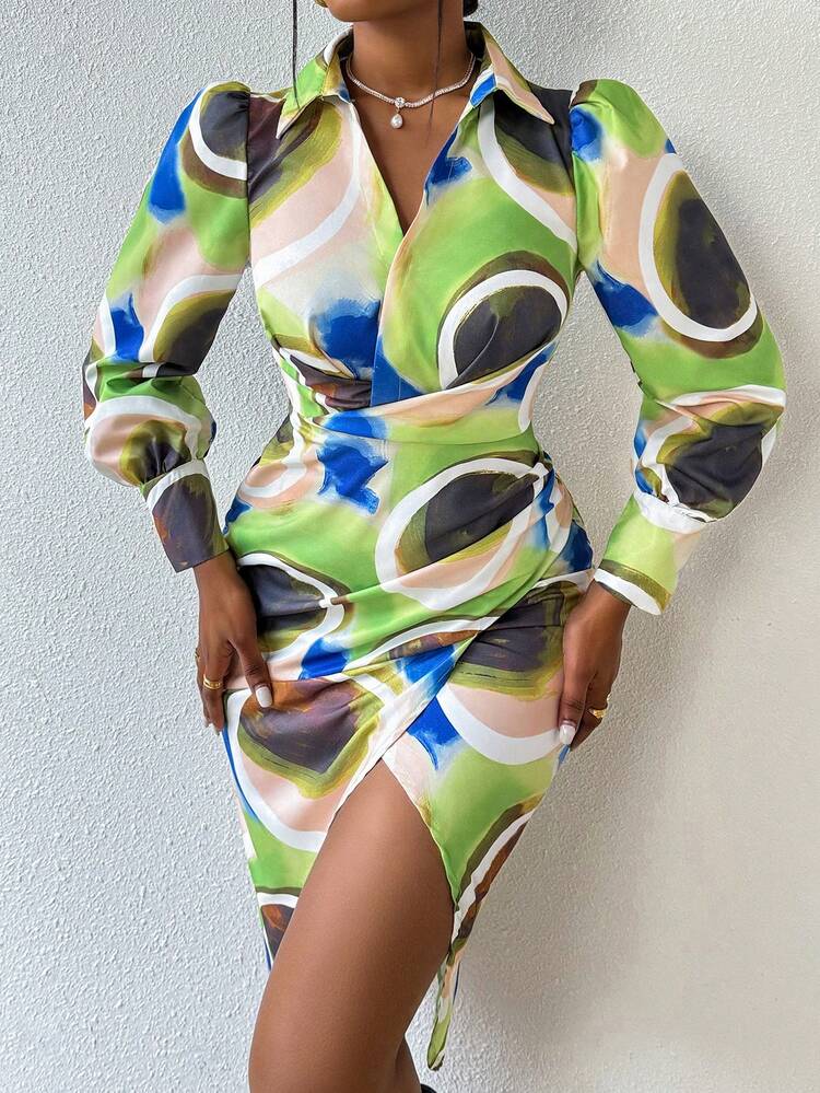 Color-Block V-Neck Slim Fit Long Sleeve Dress