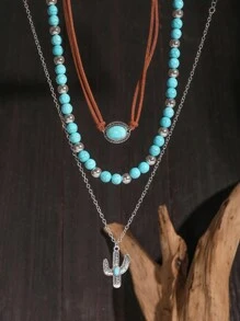 ROMWE Hippie 3 件裝時尚西部牛仔風格綠松石串珠項鍊套裝搭配仙人掌細節 - 彩色 - 查看 3