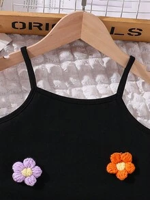 SHEIN Váy dây trang trí hoa 3d cô gái trẻ - màu đen - Xem 4