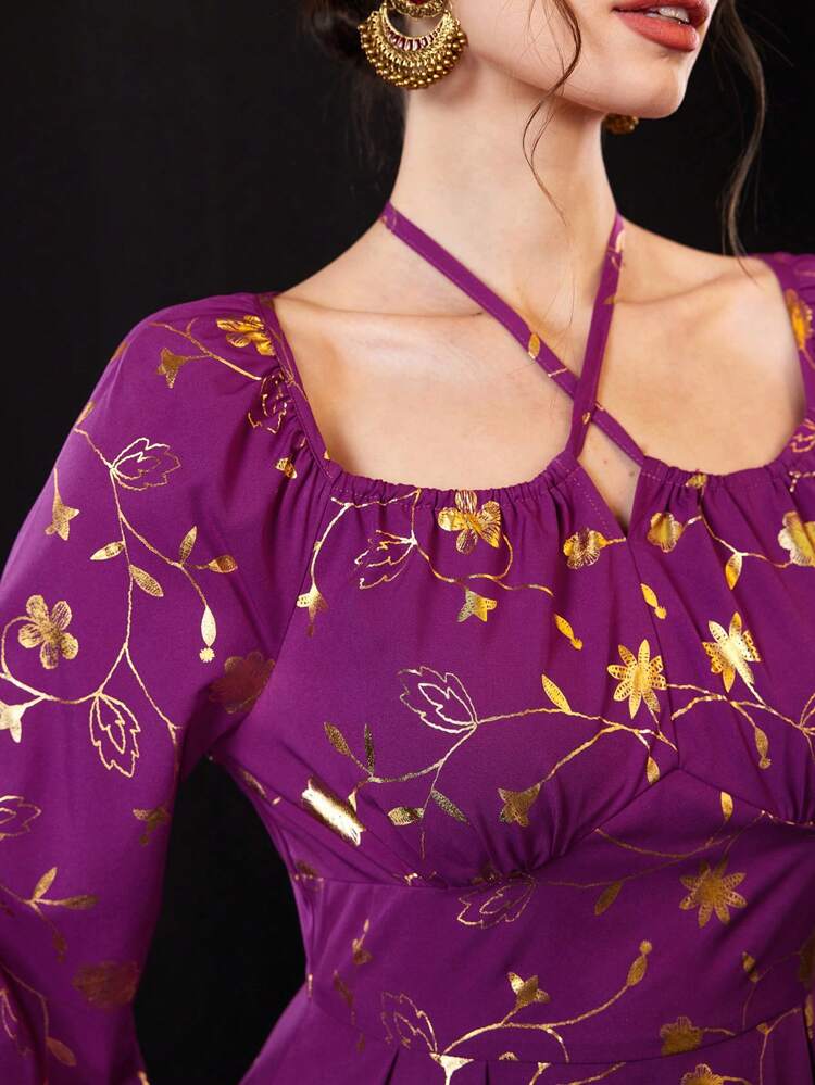 Women's Floral Print Halter Trumpet Sleeve Dress In Gold Long Evening Dresses Fall Cloth For Women