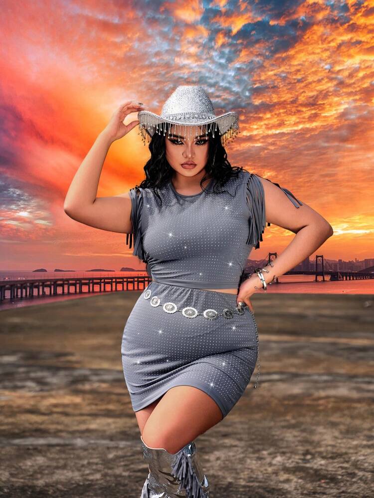 Plus Size Women's Spring Summer  Rave Party Music Festival Country Concert  Music Festival Fringed & Rhinestone Decor Top And Bodycon Mini Skirt