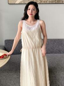 DAZY Sukienka piżamowa 2 w 1 z kolorowymi blokami i ściągaczem w pasie - Beżowy - Zobacz 6