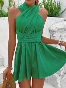 Breezaya Women's Solid Back Cross Strap Romper - Green - View 4