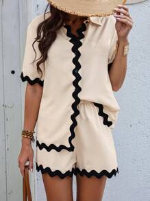 SHEIN LUNE Ladies' Patchwork Wave Woven Belt Short Sleeve Open Front Top And Shorts Set - Apricot - View 5