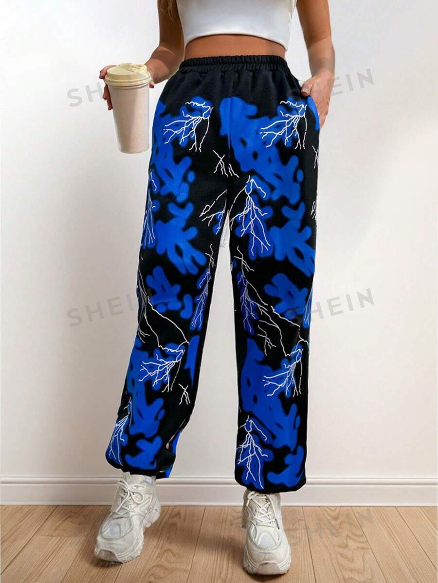 Lunelith SHEIN Lunessa Pantalones Jogger De Parches Con Estampado De Bloque De Color Y Relámpagos
