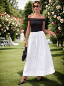 SHEIN Essnce Women's Off Shoulder Splicing Striped Colorblock 2 In 1 Dress - Black and White - View 3