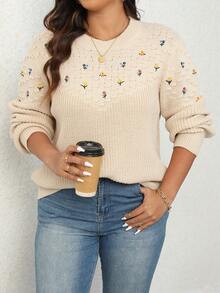 SHEIN LUNE 大尺碼花卉刺繡圓領毛衣 - 杏色 - 查看 3