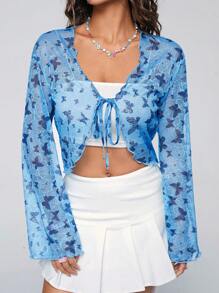 SHEIN Qutie Butterfly & Lace Patchwork Semi-Sheer Sweet & Cool Strap Top For Women