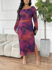 SHEIN Clasi 大尺寸拼色分割裙擺褶皺中長款洋裝 - 彩色 - 查看 5