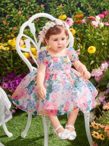 SHEIN 嬰兒女孩優雅花紋雪紡短袖方領度假裙 - 粉色 - 查看 5