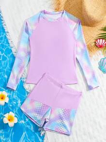 Tween Girl Random Print Raglan Long Sleeve Top And Shorts Tankini Set - Pink - View 6