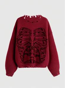 ROMWE Goth 骷髏圖案破洞毛衣 - 紅色 - 查看 1
