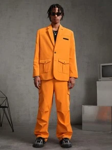 Manfinity RebelGame Nam Dệt Giải trí Cổ áo có khía Bộ đồ Áo khoác Và Quần Bộ - trái cam - Xem 3