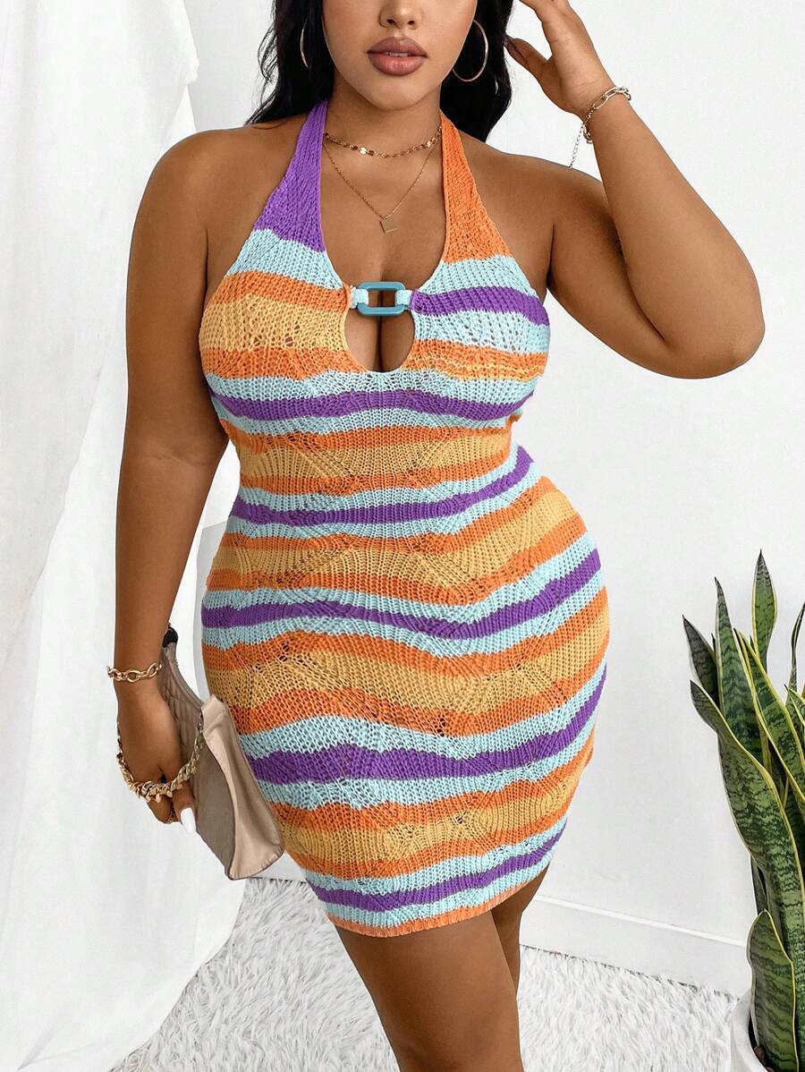 SHEIN Clasi Plus Size Women's Striped Halter Sweater Dress - Multicolor - View 1