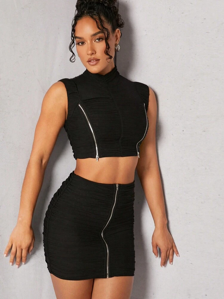 Zip Ruched Mock Neck Top & Skirt Two Pieces Set