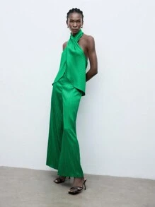 Maija Green Striped Casual Women's Halter Top And Wide Leg Pants Outfit - Green - View 7