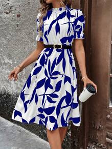 SHEIN Clasi Women's Plant Printed Asymmetrical Cut Ruffle Stand Collar Puff Sleeve Dress Maxi Women Outfit