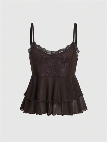 Hippie Top de tirantes con encaje en contraste bajo con fruncido