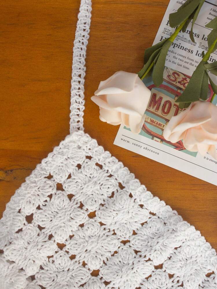 Summer Hollow Knitted Tassel Hem Halter Cover Up