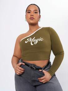 Forever 21 Plus Size One Shoulder Slim Fit Top With Letter Printing - Army Green - View 4