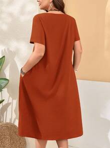 EMERY ROSE Kích thước lớn Của phụ nữ Lỏng lẻo phù hợp Có nút Tay áo ngắn Vòng cổ Túi Màu xanh lá Đầm Với Bên Cho mùa xuân - Rỉ Nâu - Xem 2