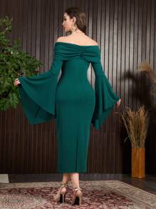 Modelyn 女士花卉刺绣露肩连衣裙长款晚礼服秋季女士布料 - 墨綠色 - 查看 5