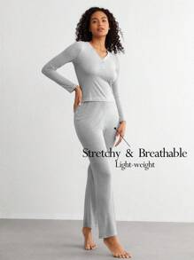 女士純色上衣和褲子家居套裝 - 灰色 - 查看 1