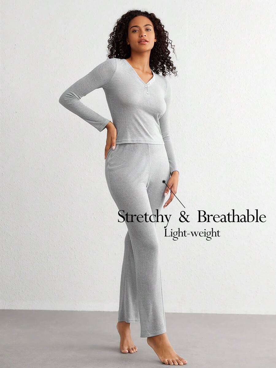 女士純色上衣和褲子家居套裝 - 灰色 - 查看 1