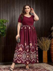 Mulvari Váy chữ A in hoa cỡ lớn màu đỏ tía có eo thắt và cổ khoét sâu - Màu Đỏ Sâu - Xem 1