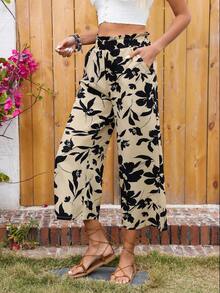 女式休闲度假风格花卉印花阔腿裤 - 卡其色 - 查看 7