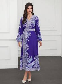 Seusyu Vestido Cruzado De Mujer Con Mangas De Linterna Y Estampado De Cachemira - Multicolor - Ver 4
