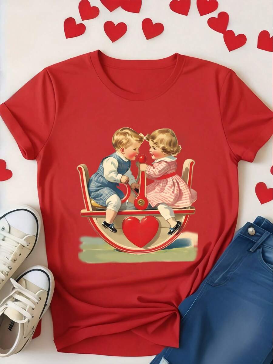 情人節寬鬆款短袖T卹，印花圖案 - 紅色 - 查看 1