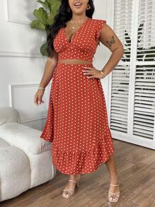 SHEIN Holidaya Conjunto de 2 piezas para mujer de talla grande, top corto de lunares con cuello en V e falda corta con dobladillo de volantes - Multicolor - Ver 4