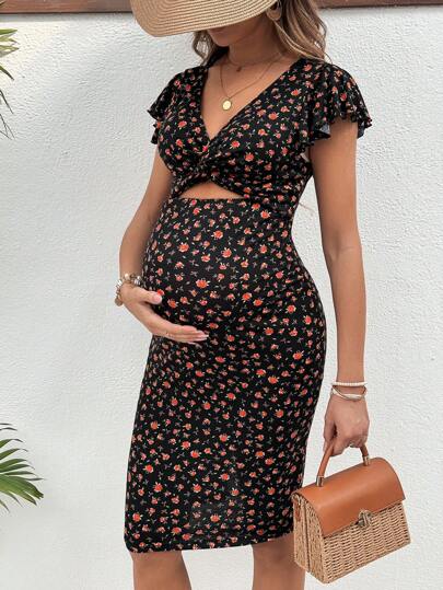 SHEIN Maternity Floral Print Short Sleeve Dress With Cut Out Waist Design