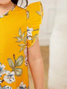 SHEIN Leap Crew 少女清新花卉图案圆领荷叶袖A字梭织连衣裙 - 黃色 - 查看 5