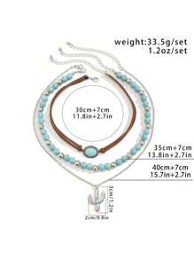 ROMWE Hippie 3 件裝時尚西部牛仔風格綠松石串珠項鍊套裝搭配仙人掌細節 - 彩色 - 查看 5