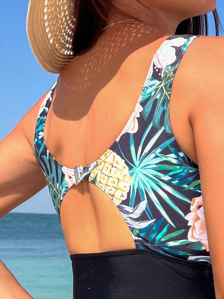 Mesh Contrast Tropical Print Ruched One-Piece Swimsuit Summer